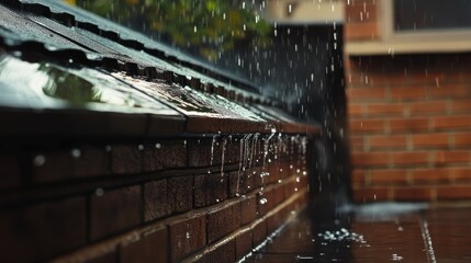 Poster - Raindrops cascading off a roof, highlighting a rainy atmosphere.