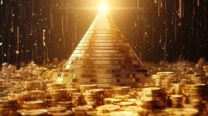 Poster - A brilliant golden pyramid made of coins and bars, emitting light from its apex, signifying financial growth, with an empty podium for product display.