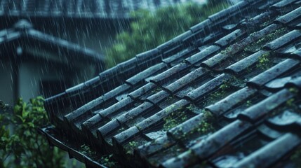 Poster - Rain falling on a traditional tiled roof, showcasing nature's beauty and tranquility.