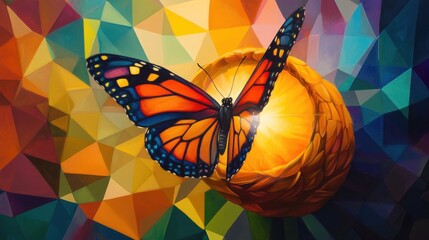 Poster - A butterfly with vibrant wings emerging from a cocoon, surrounded by a colorful geometric environment, symbolizing the process of growth, transformation, and renewal in vivid contrast.
