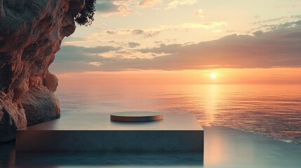 Fototapete - A calm sunset scene with a rocky cliff and an empty podium, designed to highlight a luxury product.