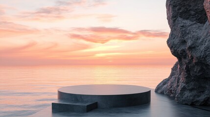 Fototapete - A calm sunset scene with a rocky cliff and an empty podium, designed to highlight a luxury product.