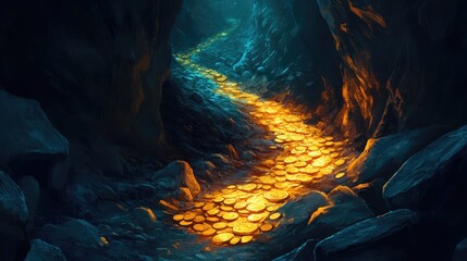 Poster - A challenging canyon path with coins and a glowing safe, symbolizing the risky journey towards ultimate financial reward.