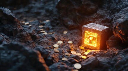 Poster - A challenging canyon path with coins and a glowing safe, symbolizing the risky journey towards ultimate financial reward.