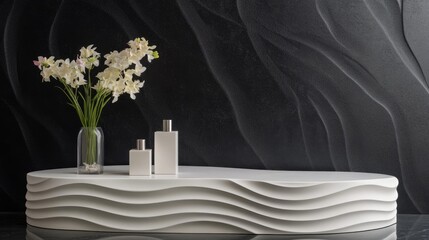 Poster - A clean, modern display with a white oval podium featuring wavy obsidian patterns, ideal for showcasing high-end product packaging.
