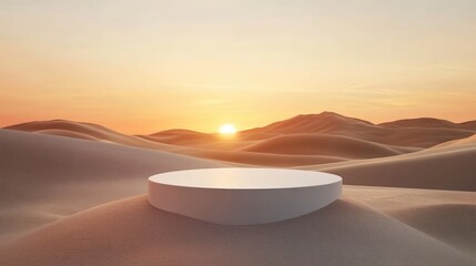 Poster - A clean white podium on a soft desert dune, framed by a glowing warm sunset, ideal for an elegant product display.