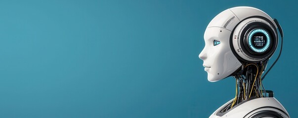 Poster - Futuristic robot head with advanced features against a blue background.