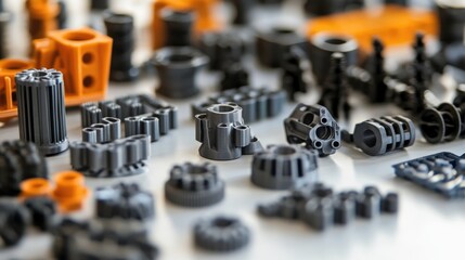 Poster - A close-up of 3D-printed parts arranged for assembly, demonstrating advanced manufacturing techniques and the role of AI design algorithms in creating precision components for modern industries.