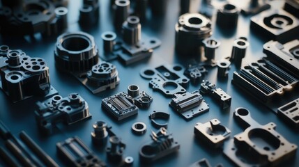 Poster - A close-up of 3D-printed parts arranged for assembly, demonstrating advanced manufacturing techniques and the role of AI design algorithms in creating precision components for modern industries.
