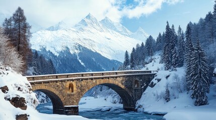 Aufkleber - Scenic winter landscape featuring a stone bridge over a river with snow-covered mountains.