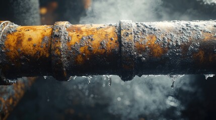 Poster - A close-up of a leaking, rusted pipe in an industrial setting, with steam and water droplets, highlighting the need for urgent maintenance to prevent damage and maintain safety.