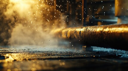 Poster - A close-up of a leaking, rusted pipe in an industrial setting, with steam and water droplets, highlighting the need for urgent maintenance to prevent damage and maintain safety.