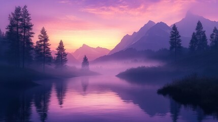 Poster - Serene landscape at dawn with mountains, trees, and a reflective river under a colorful sky.