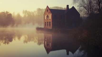 Aufkleber - Serene misty landscape with a rustic building reflected in calm water.