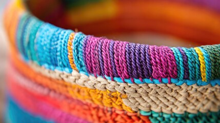 Poster - A close-up of a multicolored woven basket, showcasing global craftsmanship, diverse patterns, sustainability, and cultural heritage.