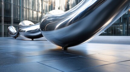 Poster - A close-up of a metallic pipe with complex bends, integrated into a modern building setting, with a pedestal for showcasing products.