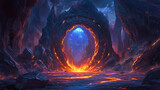 Fantasy rpg game volcano cave portal background. Magic door entrance to alien world. Lava and stone epic ancient underground landscape vector. Burning magma river in tunnel with gate after eruption