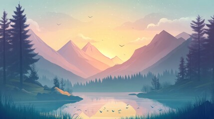 Poster - Serene mountain landscape at dawn with a tranquil lake and vibrant sky.