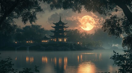 Poster - Serene moonlit landscape featuring a traditional pagoda by a tranquil lake.