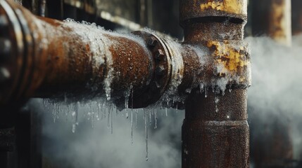 Poster - A close-up of a rusted leaking pipe in an industrial environment, with steam and water dripping, symbolizing the importance of timely maintenance to prevent hazards and damage.