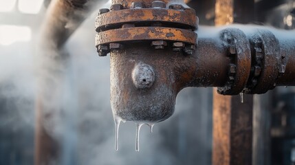 Poster - A close-up of a rusted leaking pipe in an industrial environment, with steam and water dripping, symbolizing the importance of timely maintenance to prevent hazards and damage.