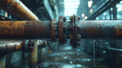 Poster - A close-up of a rusted leaking pipe in an industrial environment, with steam and water dripping, symbolizing the importance of timely maintenance to prevent hazards and damage.