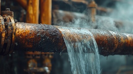 Poster - A close-up of a rusted leaking pipe in an industrial environment, with steam and water dripping, symbolizing the importance of timely maintenance to prevent hazards and damage.