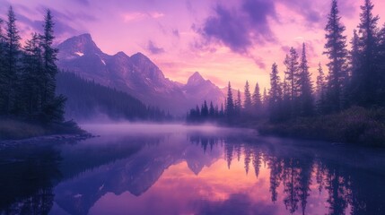 Poster - Serene mountain landscape at dawn with misty reflections in a tranquil lake.