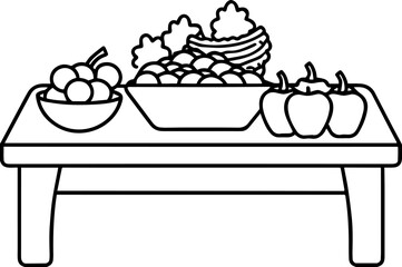 healthy food table outline coloring book page line art vector illustration