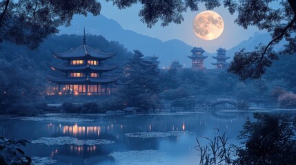 Poster - Serene night scene featuring traditional architecture by a moonlit lake.