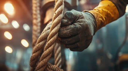 Poster - A close-up of a worker gripping a rope tightly in an industrial environment, showcasing the physical strength and resilience needed to work in demanding manufacturing conditions.
