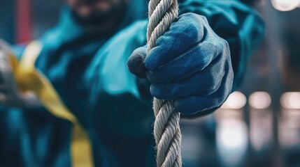 Poster - A close-up of a worker gripping a rope tightly in an industrial environment, showcasing the physical strength and resilience needed to work in demanding manufacturing conditions.