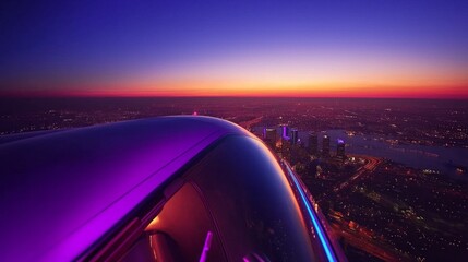 Poster - Spectacular view of a city skyline at sunset, captured from an airplane window. The warm glow of sunset contrasts beautifully with the vibrant purple interior, creating an enchanting atmosphere
