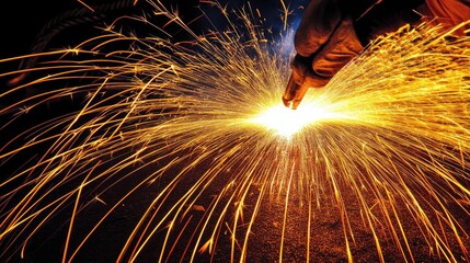 Poster - A close-up of a worker welding metal, with a shower of sparks in a dark industrial environment, showcasing the critical role of skilled labor in manufacturing and production processes.