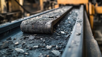 Aufkleber - A close-up of a worn conveyor belt showing damage and debris, signaling the need for maintenance to ensure that manufacturing processes continue without delay.