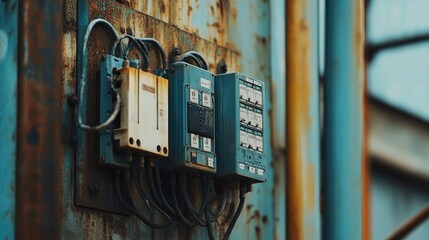 Aufkleber - electrical panel with circuit breakers and intricate wiring, mounted on a rusty metal surface, illustrating the rugged conditions of industrial manufacturing.