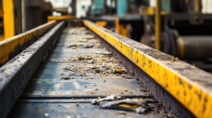 Aufkleber - A close-up of a worn conveyor belt showing damage and debris, signaling the need for maintenance to ensure that manufacturing processes continue without delay.