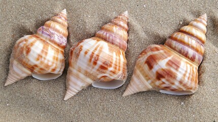 Poster - Three beautifully patterned seashells resting on sandy beach.