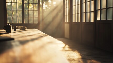 Wall Mural - Sunlit wooden table, tea set, window view, peaceful morning