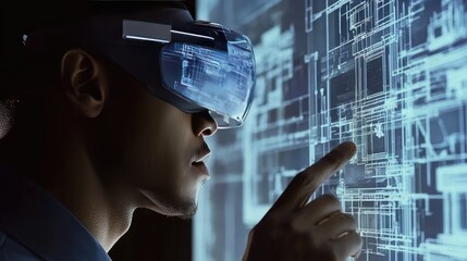 Poster - A close-up of an engineer using augmented reality goggles to interact with digital blueprints on a screen, illustrating the future of technology-driven manufacturing and design.