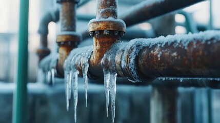 Aufkleber - A close-up of frozen, corroded pipes leaking water in a cold industrial environment, symbolizing the effects of extreme weather on the stability of manufacturing systems.