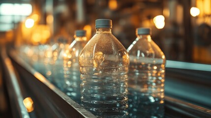 Aufkleber - A close-up of plastic bottles being transported on a conveyor belt inside a recycling plant, showcasing the process of converting waste plastic into reusable material for sustainability.