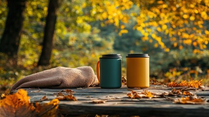 Poster - Two mugs on a wooden table surrounded by autumn leaves and a cozy blanket.