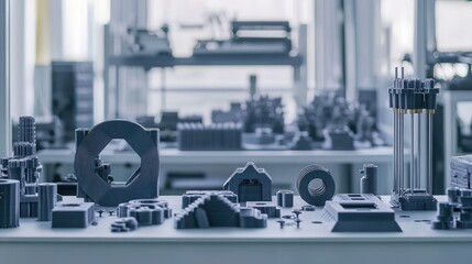 Poster - A collection of 3D-printed components ready for assembly, showcasing innovative manufacturing techniques powered by AI design algorithms in a modern industrial workspace.
