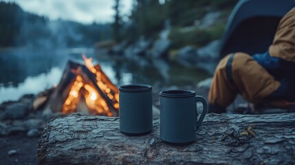 Poster - Two mugs sit on a log by a campfire near a serene lake in a forested setting.