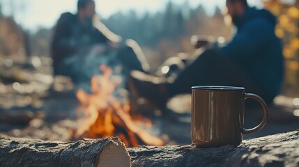 Poster - Two people relaxing by a campfire with a mug in focus, enjoying nature.