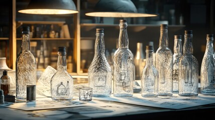 Aufkleber - A collection of glass bottles sparkling under factory lighting, showcasing their potential for reuse and sustainability, surrounded by sketches of potential new products.