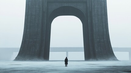 Wall Mural - woman stands before massive archway in misty landscape; dystopian future concept art