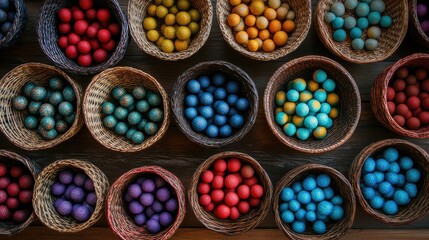 Poster - A collection of woven baskets filled with colorful geometric spheres in red, blue, yellow, green, and purple, placed on a rustic wooden surface, showcasing vibrant contrast and detailed texture.