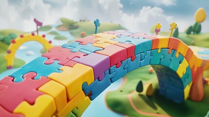 Poster - A colorful puzzle bridge connecting across a vibrant landscape, where every piece interlocks perfectly, symbolizing the strength of teamwork and collaboration.